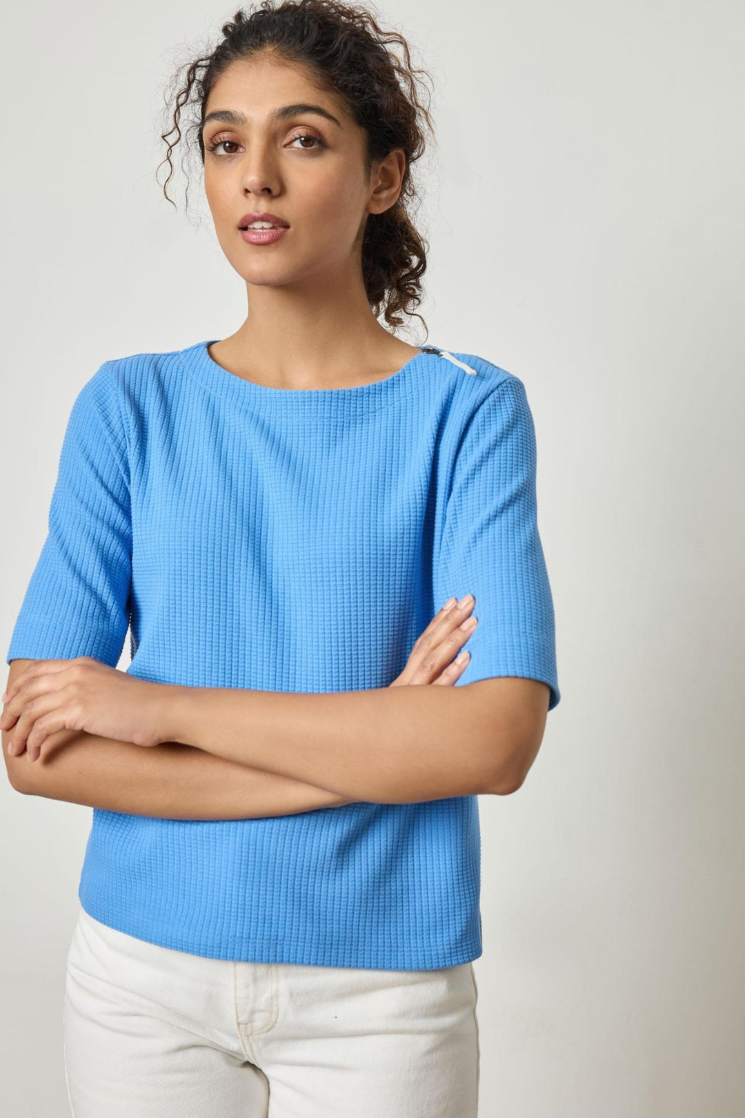 Lilla P - Zippered Waffle Elbow Sleeve Crewneck: Bluejay - Shorely Chic Boutique