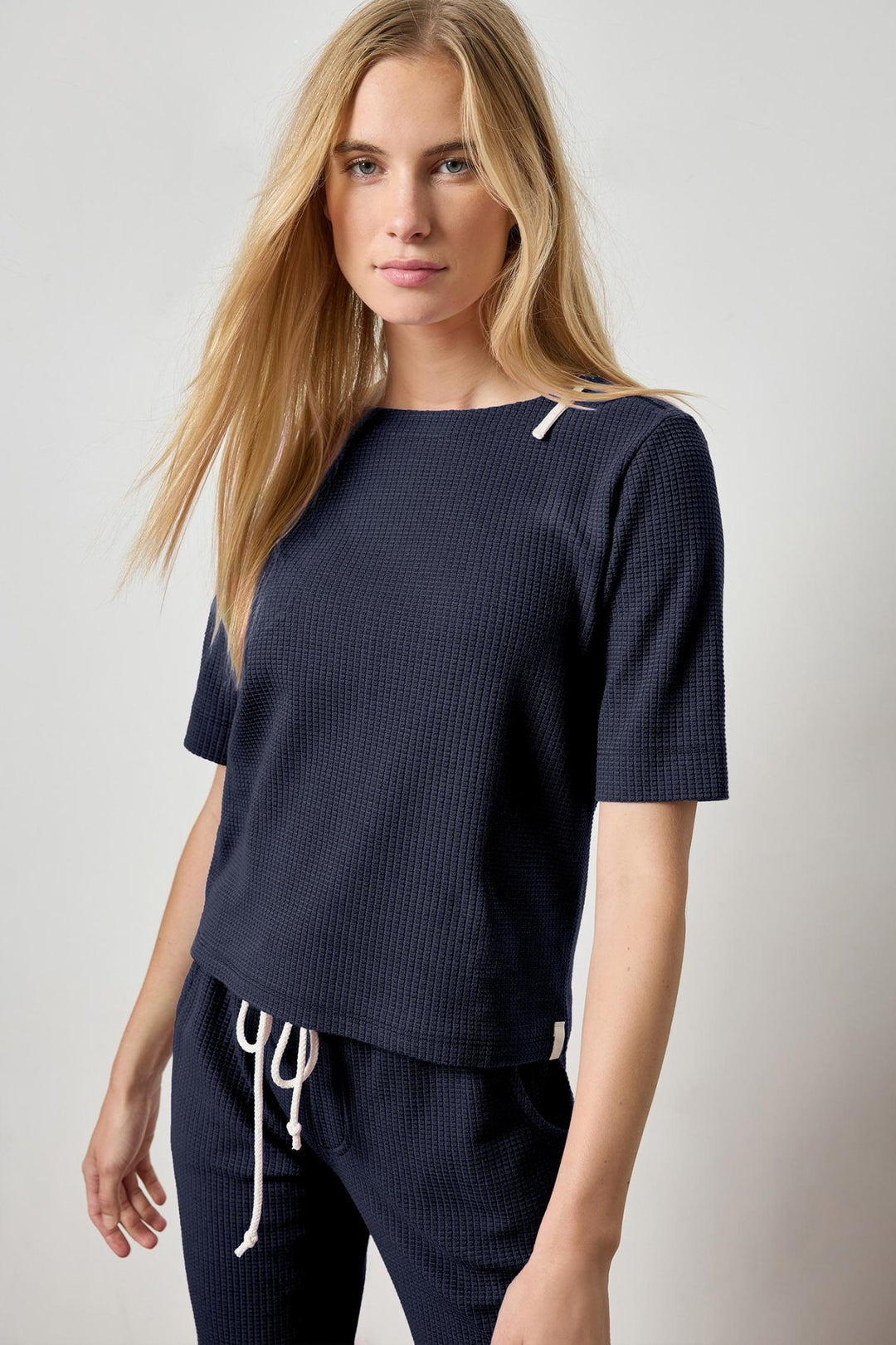 Lilla P - Zippered Waffle Elbow Sleeve Crewneck: Navy - Shorely Chic Boutique