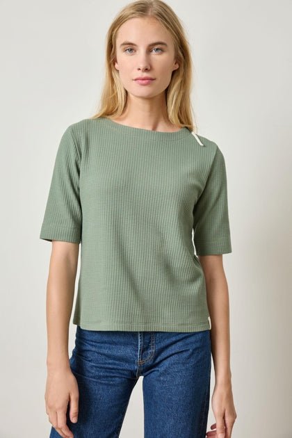 Lilla P - Zippered Waffle Elbow Sleeve Crewneck: Seagrass - Shorely Chic Boutique