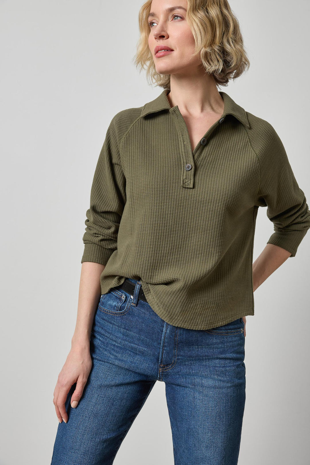 Lilla P - L/S Raglan Polo Waffle Top: Olive