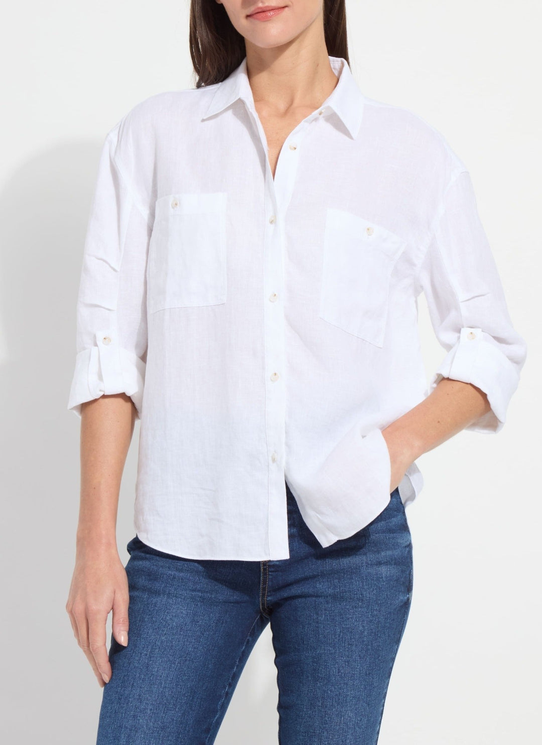 Lysse - Rose Roll Tab Utility Shirt: White - Shorely Chic Boutique