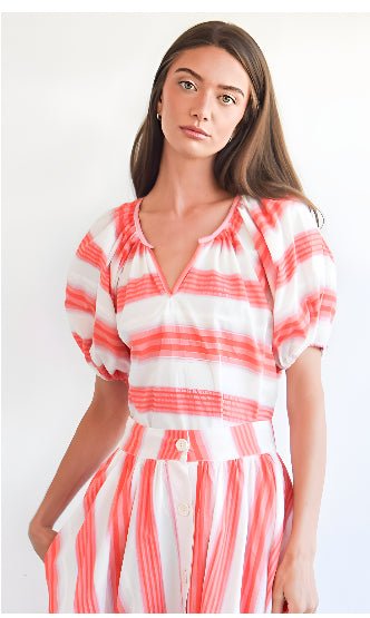 Never A Wallflower: Gathered VNk Stripe Top: Pnk/Org - Shorely Chic Boutique