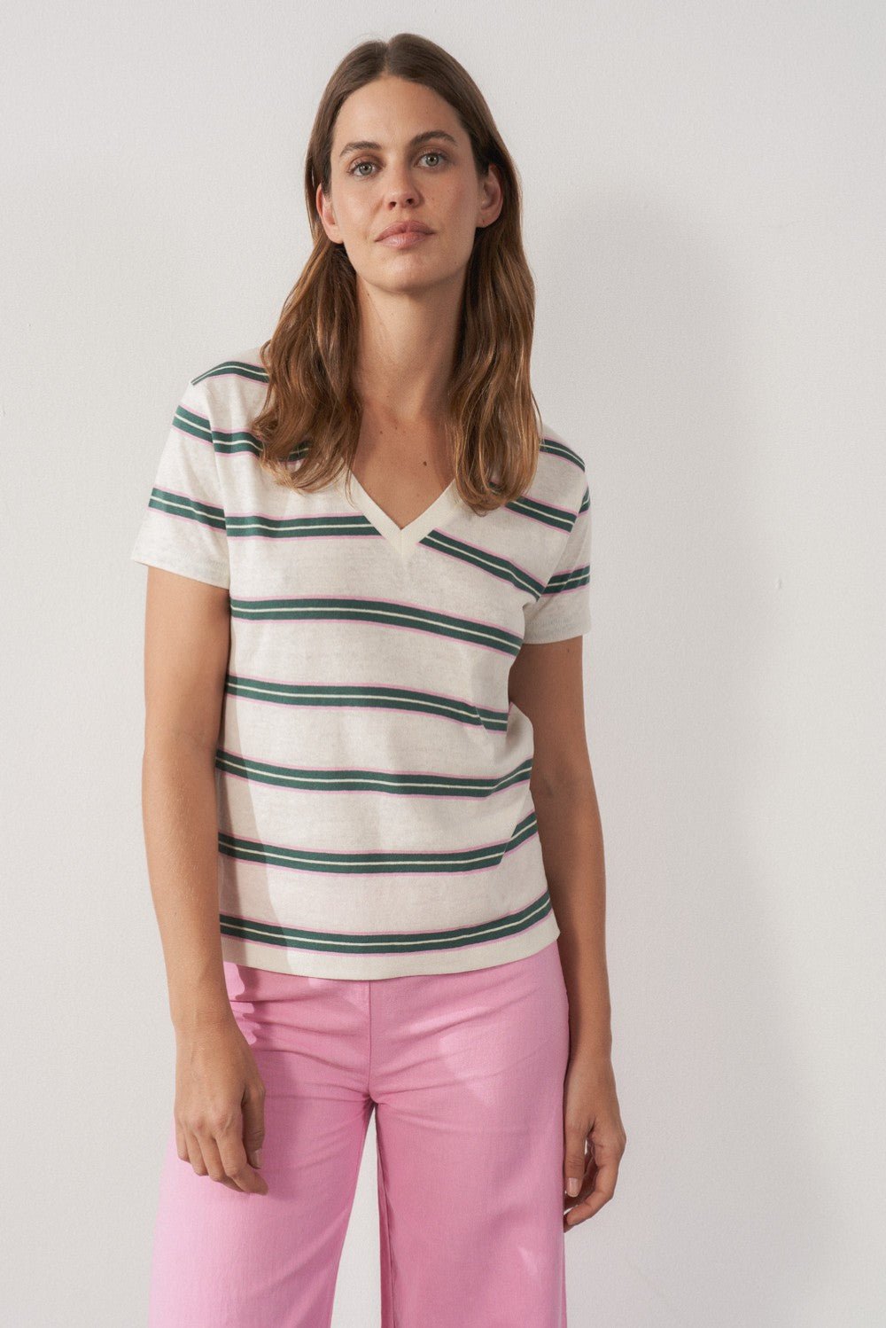 Sita Murt - Striped S/S VNeck Tee: Pink/Green - Shorely Chic Boutique