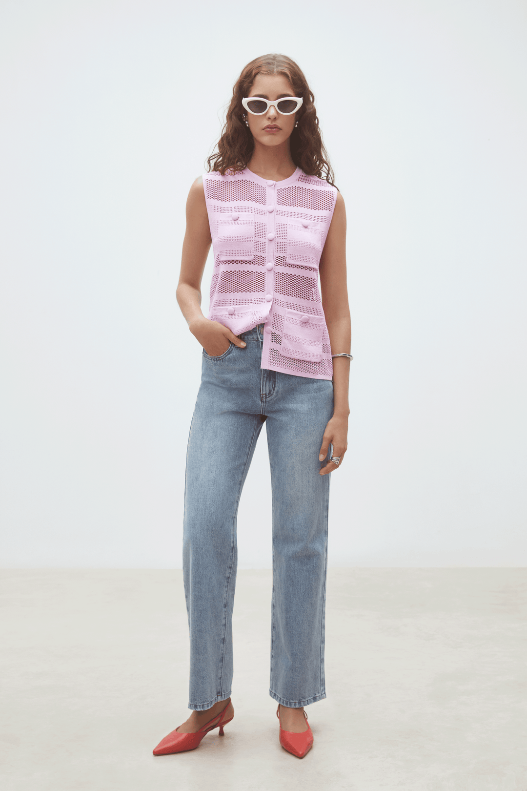 Suncoo: Geos Open weave Sleeveless Cardigan: Pink - Shorely Chic Boutique