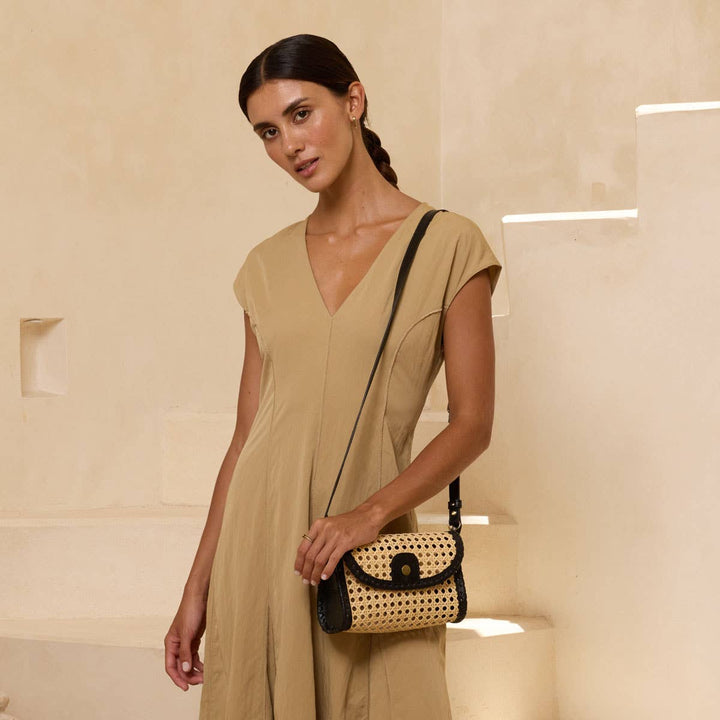 The Winding Road: Black Rattan Clutch w/Leather Trim & Crossbody Strap - Shorely Chic Boutique