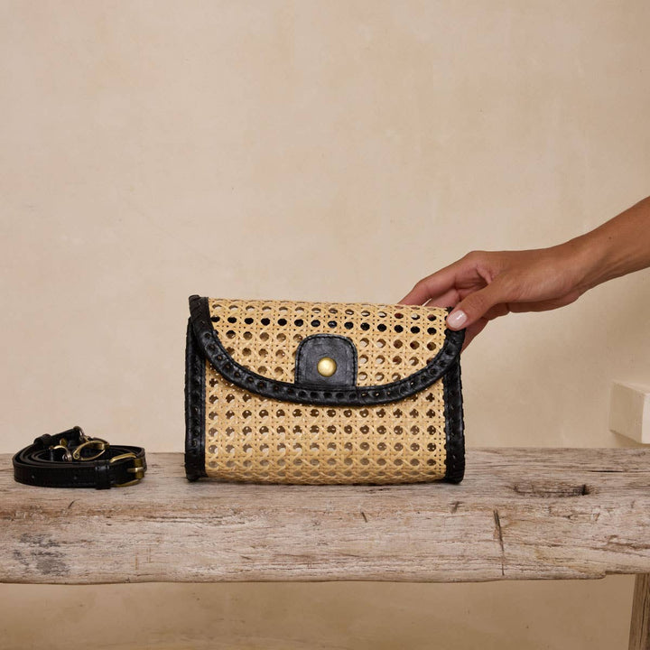 The Winding Road: Black Rattan Clutch w/Leather Trim & Crossbody Strap - Shorely Chic Boutique