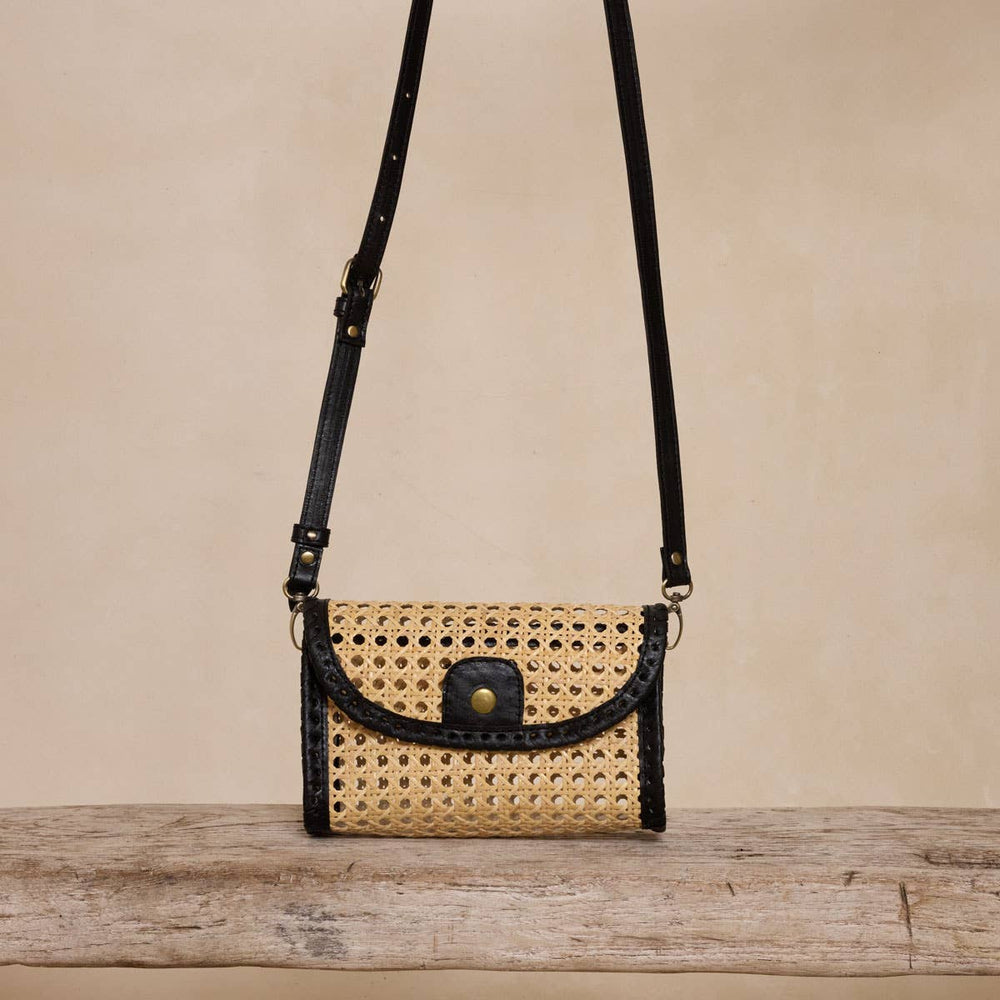 The Winding Road: Black Rattan Clutch w/Leather Trim & Crossbody Strap - Shorely Chic Boutique