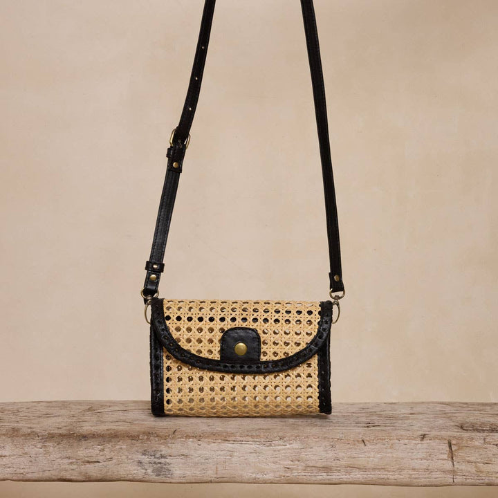 The Winding Road: Black Rattan Clutch w/Leather Trim & Crossbody Strap - Shorely Chic Boutique