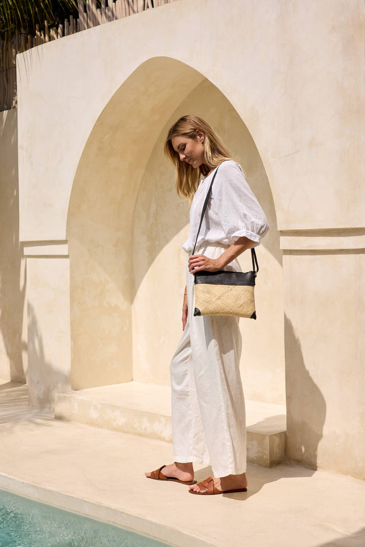 The Winding Road: Rattan Crossbody Bag w/Black Leather Trim - Shorely Chic Boutique