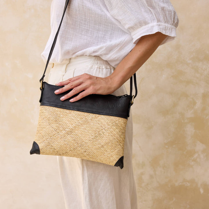 The Winding Road: Rattan Crossbody Bag w/Black Leather Trim - Shorely Chic Boutique