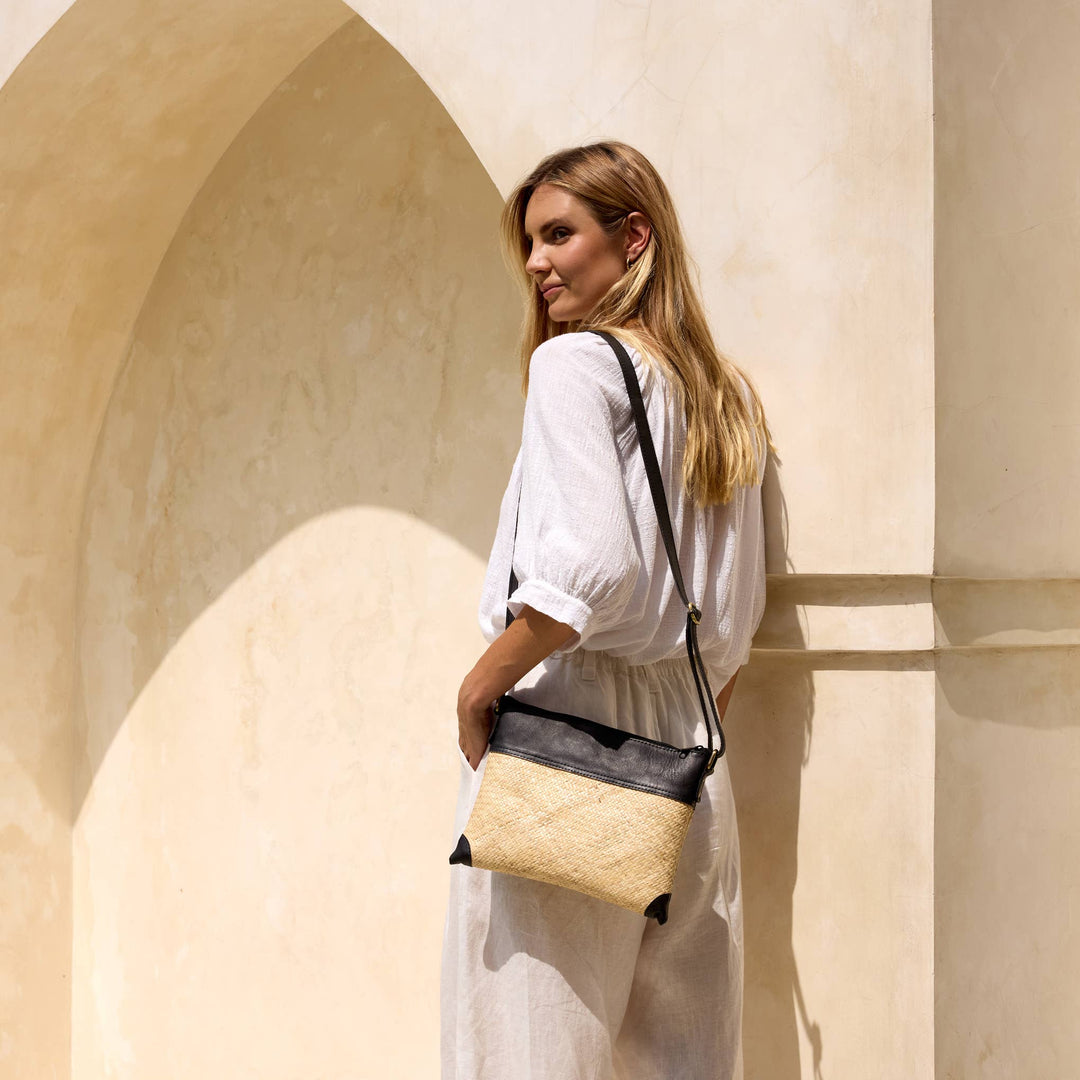 The Winding Road: Rattan Crossbody Bag w/Black Leather Trim - Shorely Chic Boutique