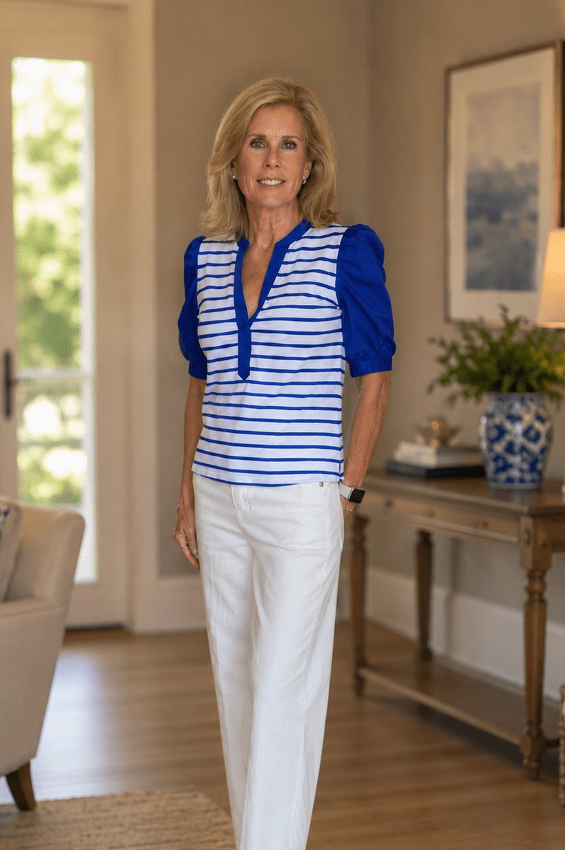 Tyler Boe - Paulina Striped Open VNeck Top: Bluing - Shorely Chic Boutique