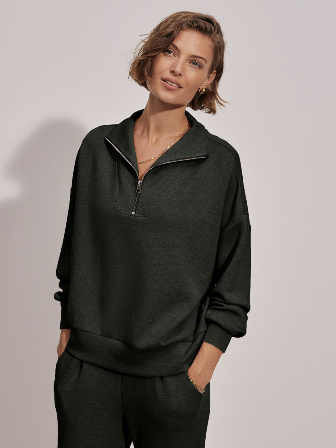 Varley - Hawley 1/2 Zip Sweat Top: Olive Marl - Shorely Chic Boutique