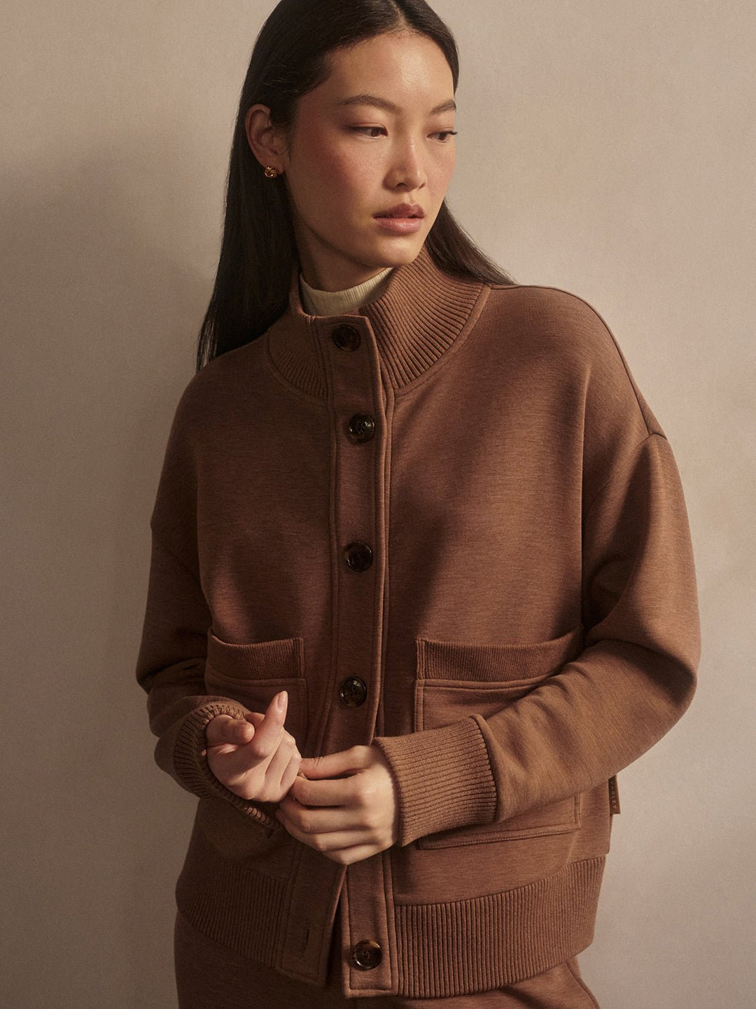 Varley - Sabrina Button Through Sweat: Golden Bronze Marl - Shorely Chic Boutique