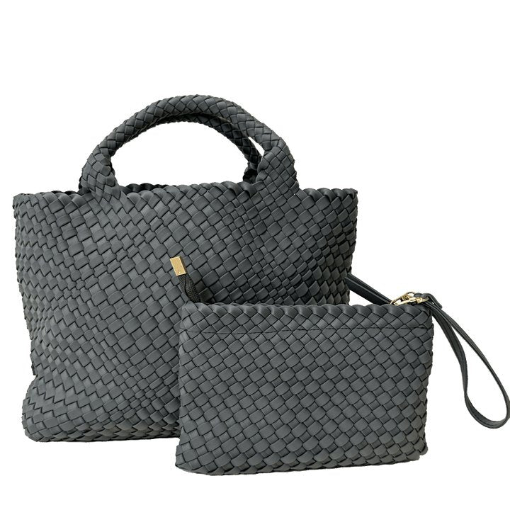 Adhorned - Lily Woven Neoprene Tote with Pouch: Grey - Shorely Chic Boutique