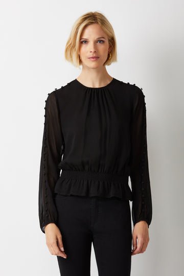 Ecru - Berry Top with Button Sleeve: Black - Shorely Chic Boutique