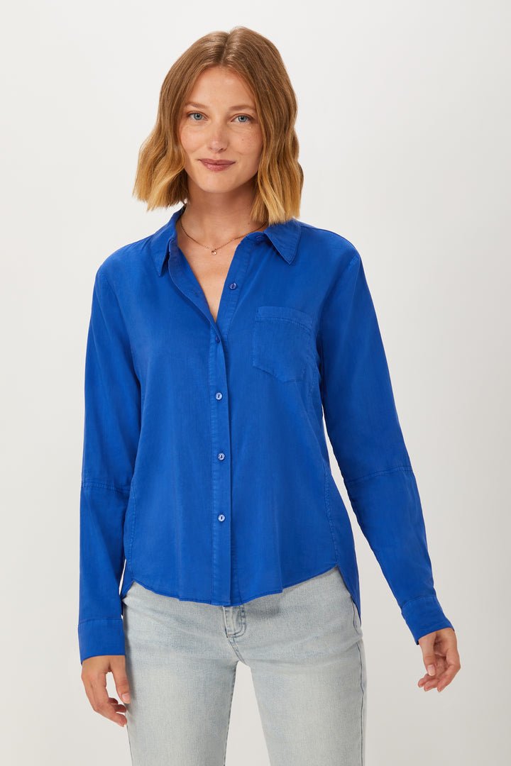 Ecru - Hepburn L/S Washed Classic Shirt: Cobalt - Shorely Chic Boutique