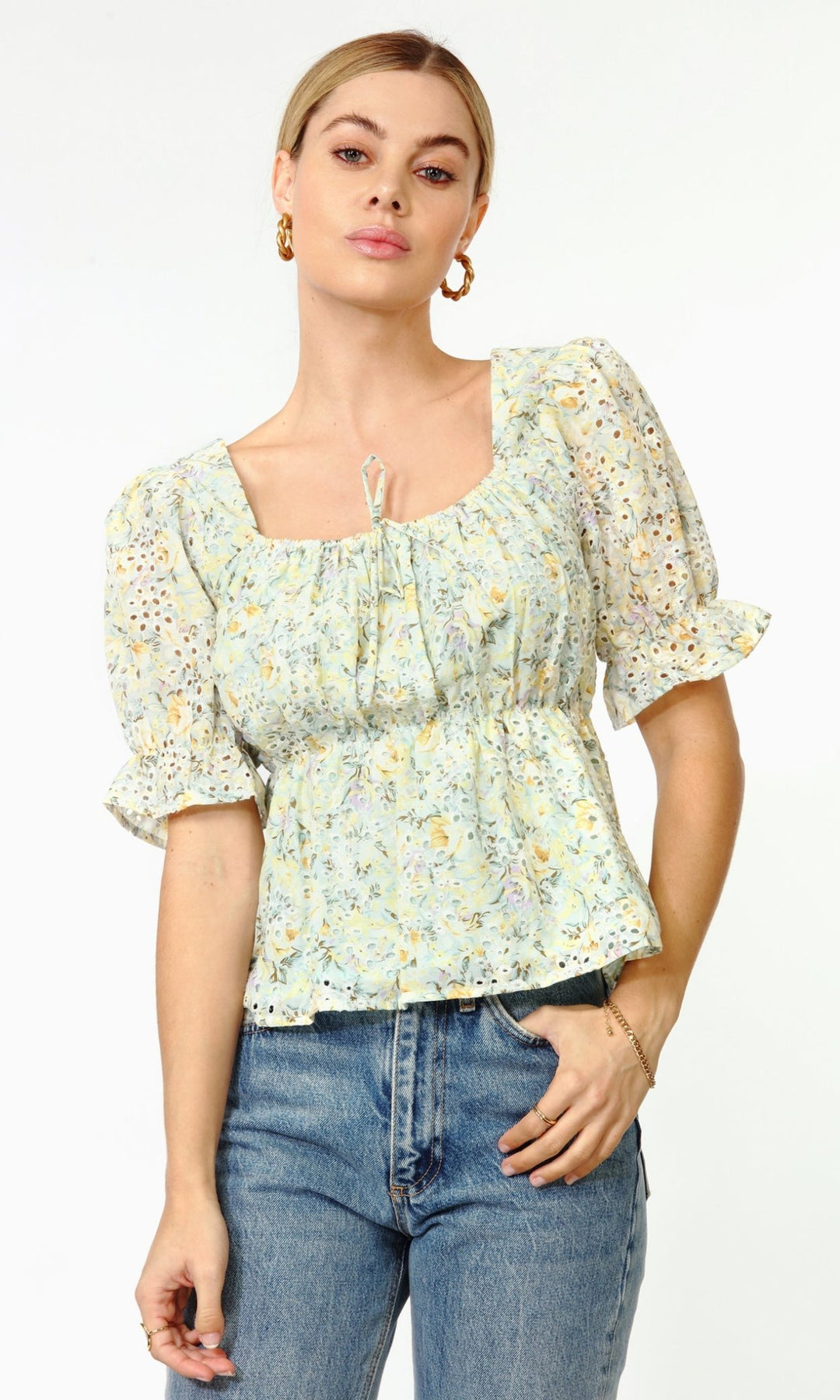 Greylin - Elsa Embroidered Puff Sleeve Blouse: Aqua Mint - Shorely Chic Boutique