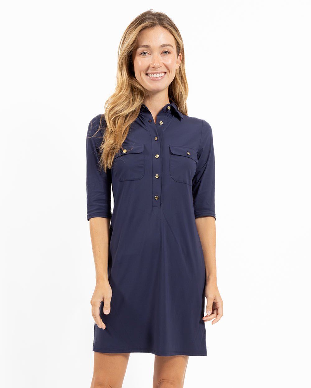 Jude Connally - Sloane Dress in Jude Cloth: Navy w/Gold Buttons - Shorely Chic Boutique