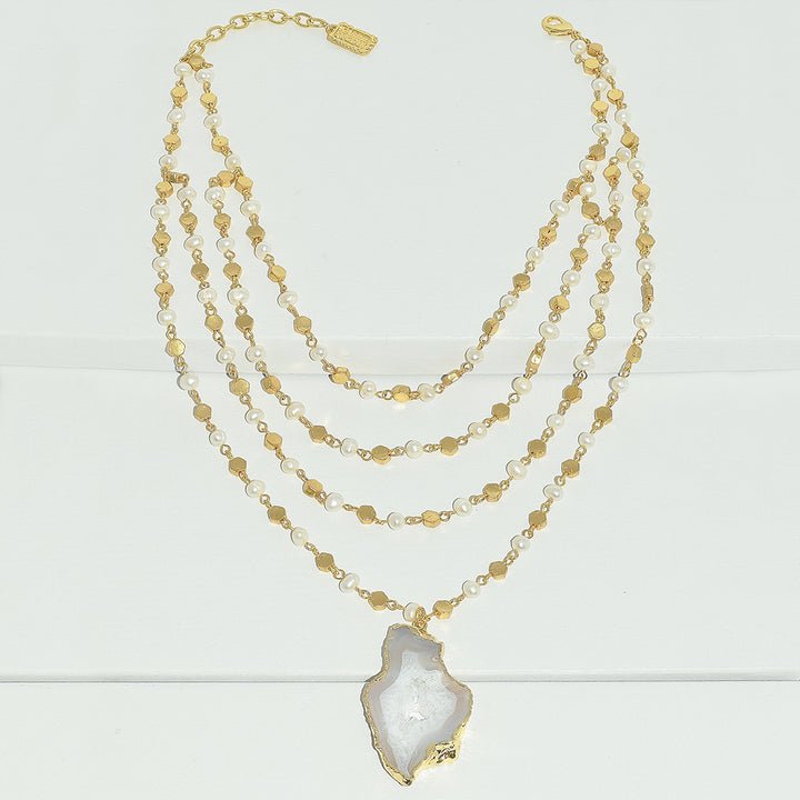 Karine Sultan - Nancy Pearl Layered Necklace w/Agate Pendant: Gold - Shorely Chic Boutique