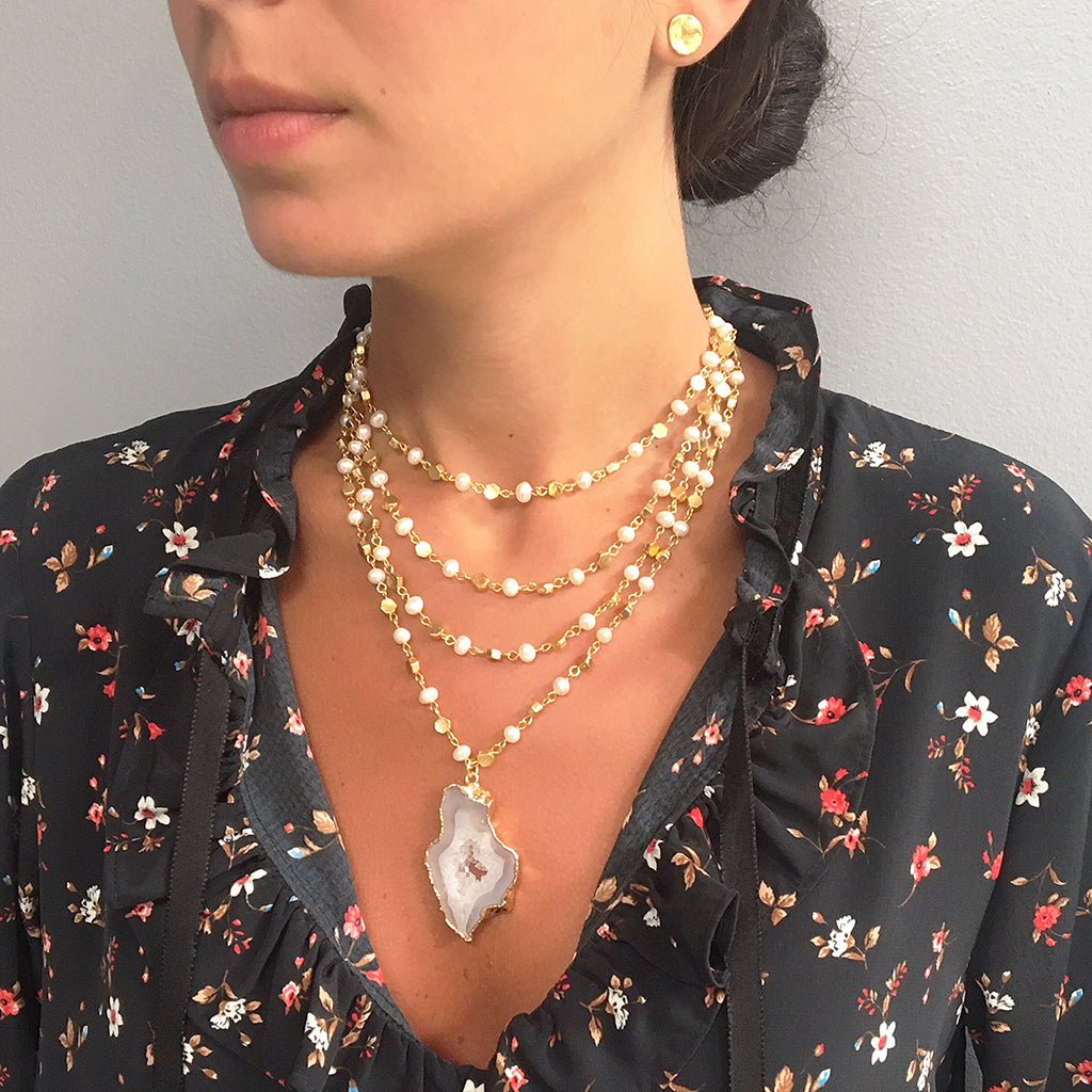 Karine Sultan - Nancy Pearl Layered Necklace w/Agate Pendant: Gold - Shorely Chic Boutique