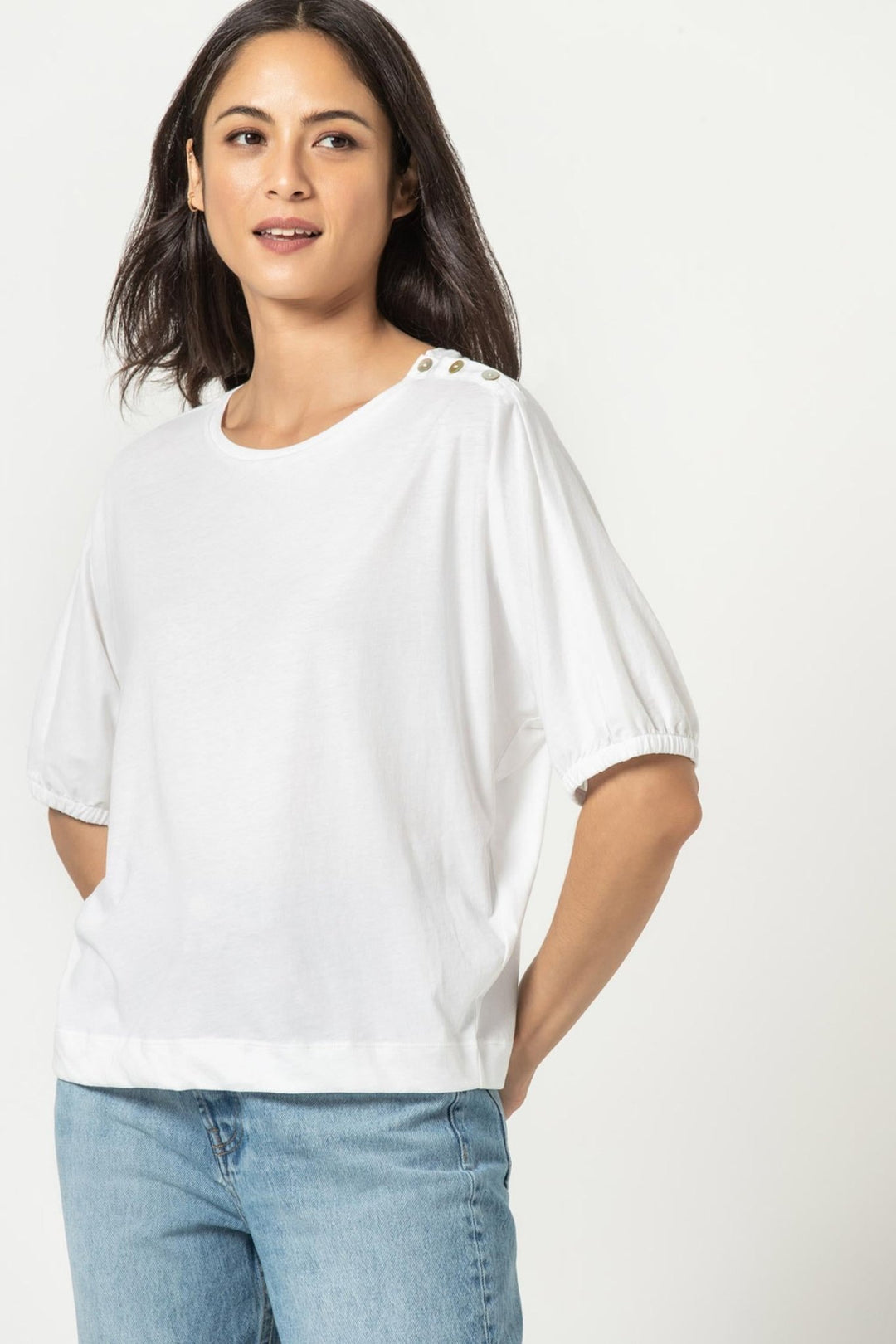 Lilla P - Elbow Button Dolman Sleeve: White - Shorely Chic Boutique