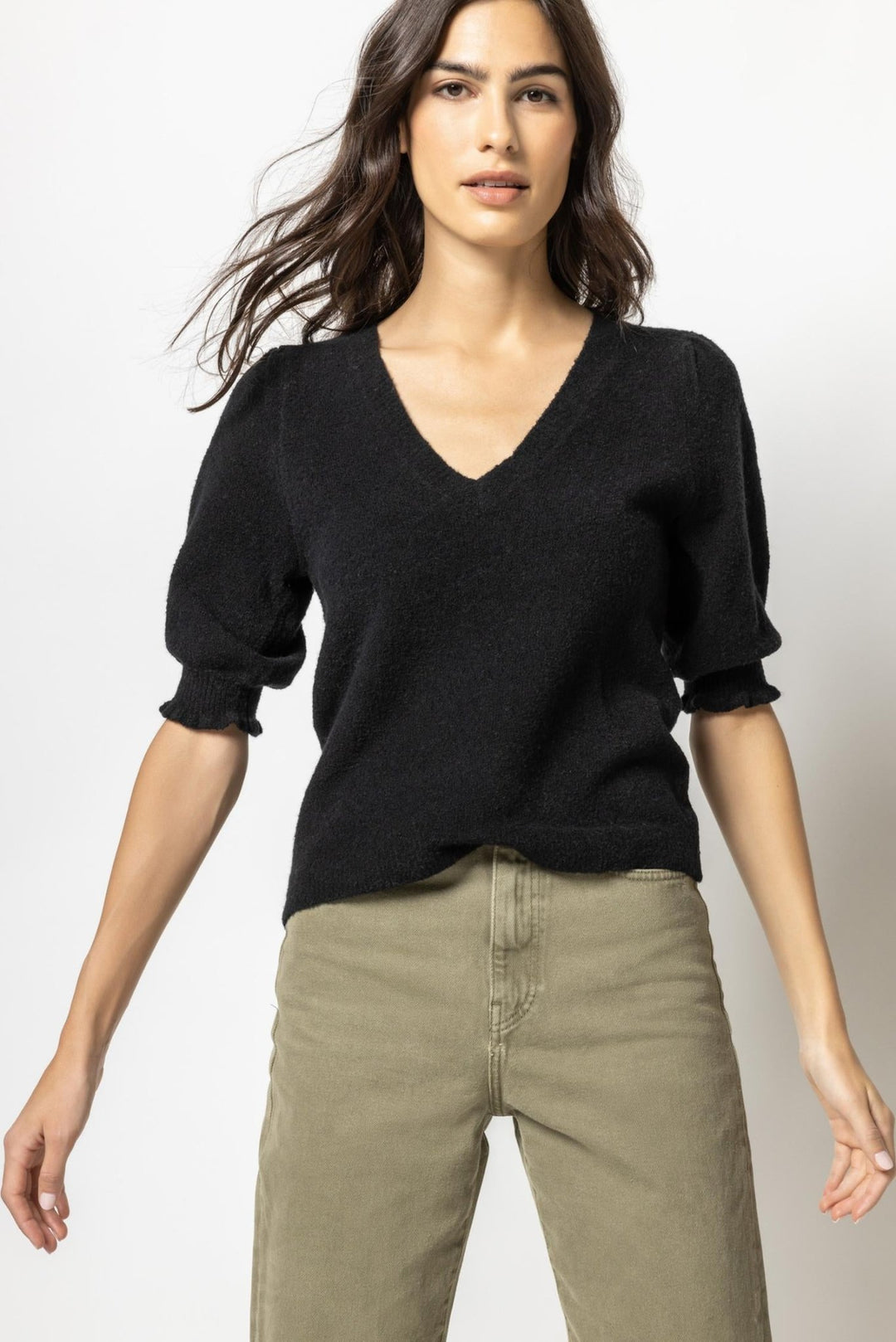 Lilla P - Elbow Sleeve V-Neck Sweater: Black - Shorely Chic Boutique