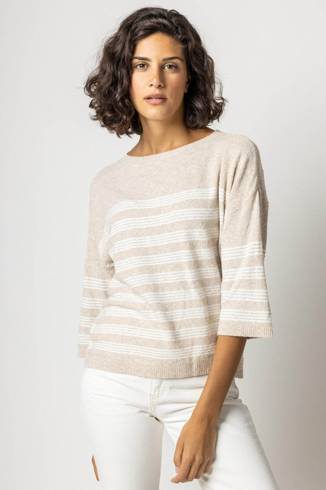 Lilla P - Oversized 3/4 Slv Boatneck Stripe Sweater: Oat - Shorely Chic Boutique