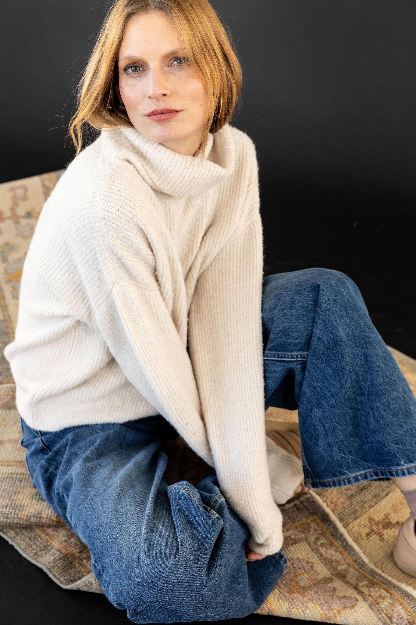 Lilla P - Oversized Ribbed Turtleneck Sweater: Coconut