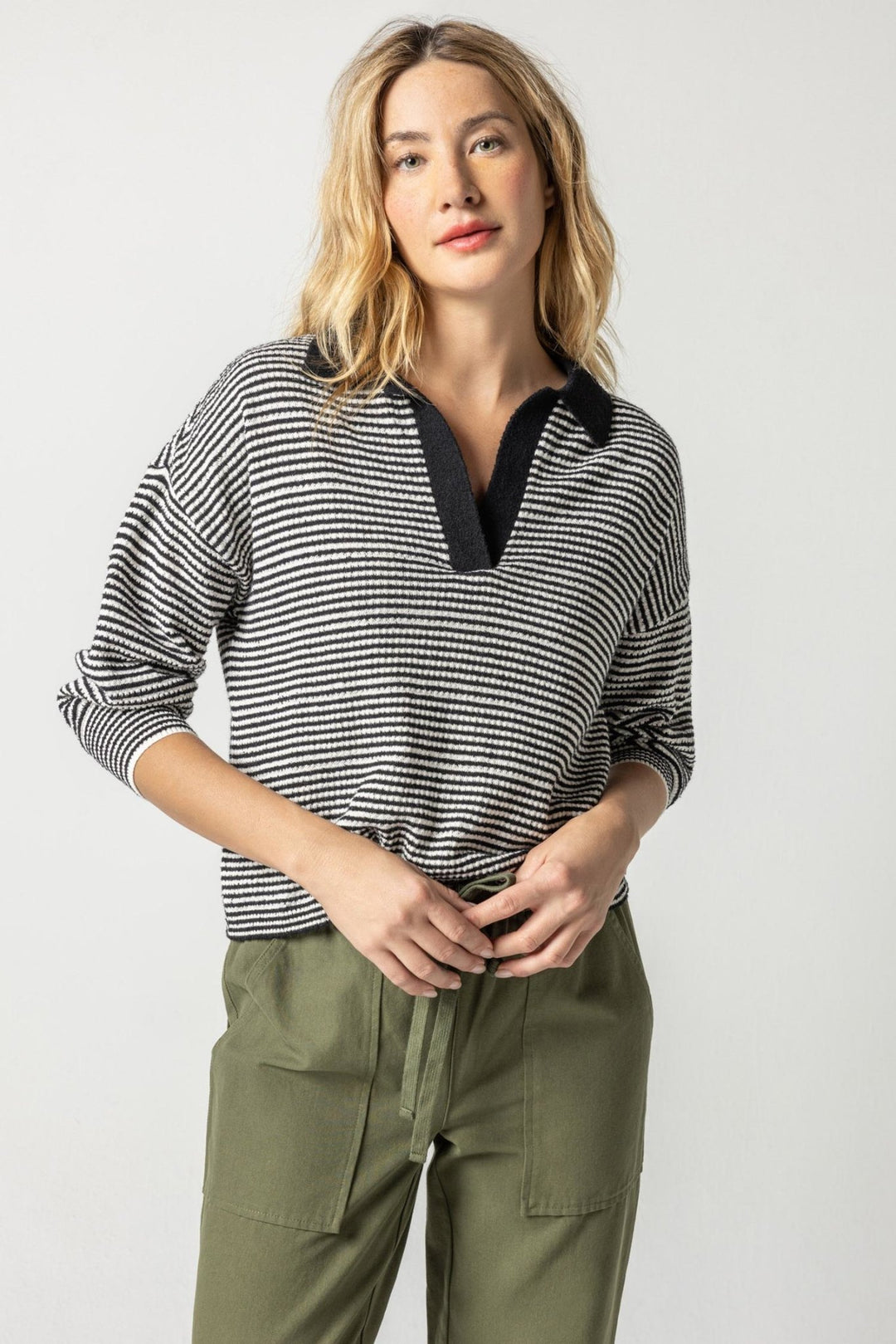 Lilla P - Relaxed 3/4 Slv Polo Stripe Sweater: Blk/Ivory - Shorely Chic Boutique