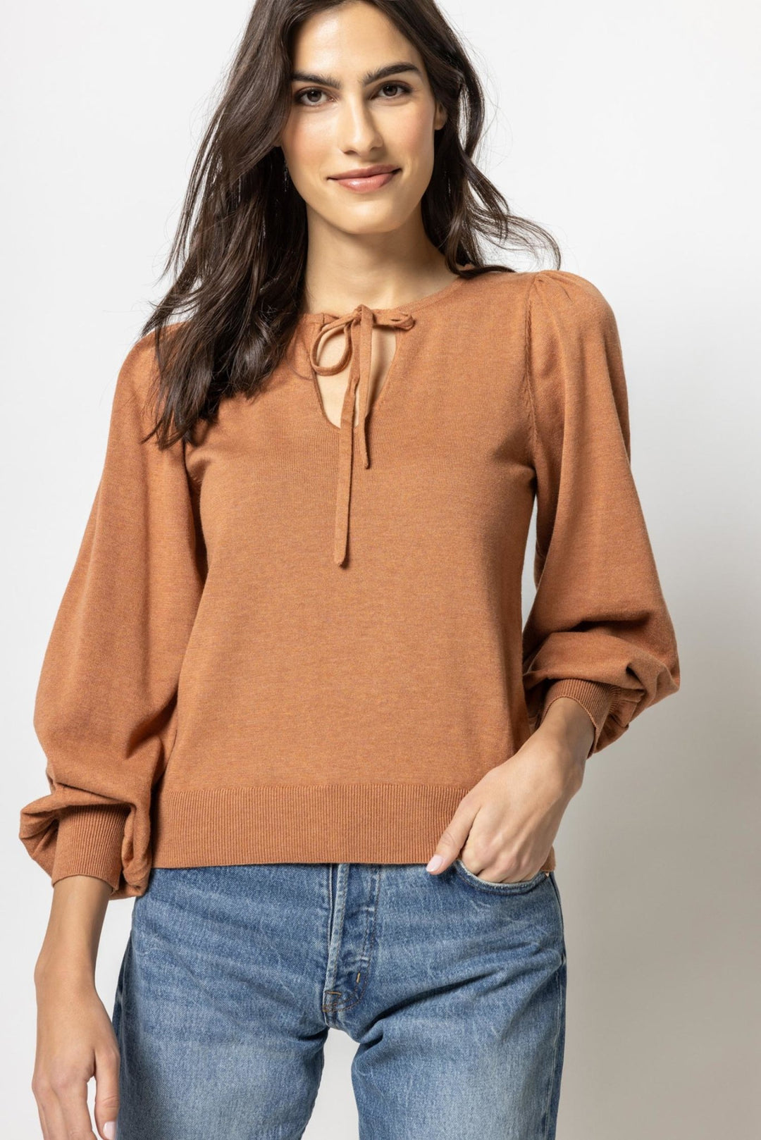 Lilla P - Tie Front Puff Sleeve Sweater: Chutney - Shorely Chic Boutique