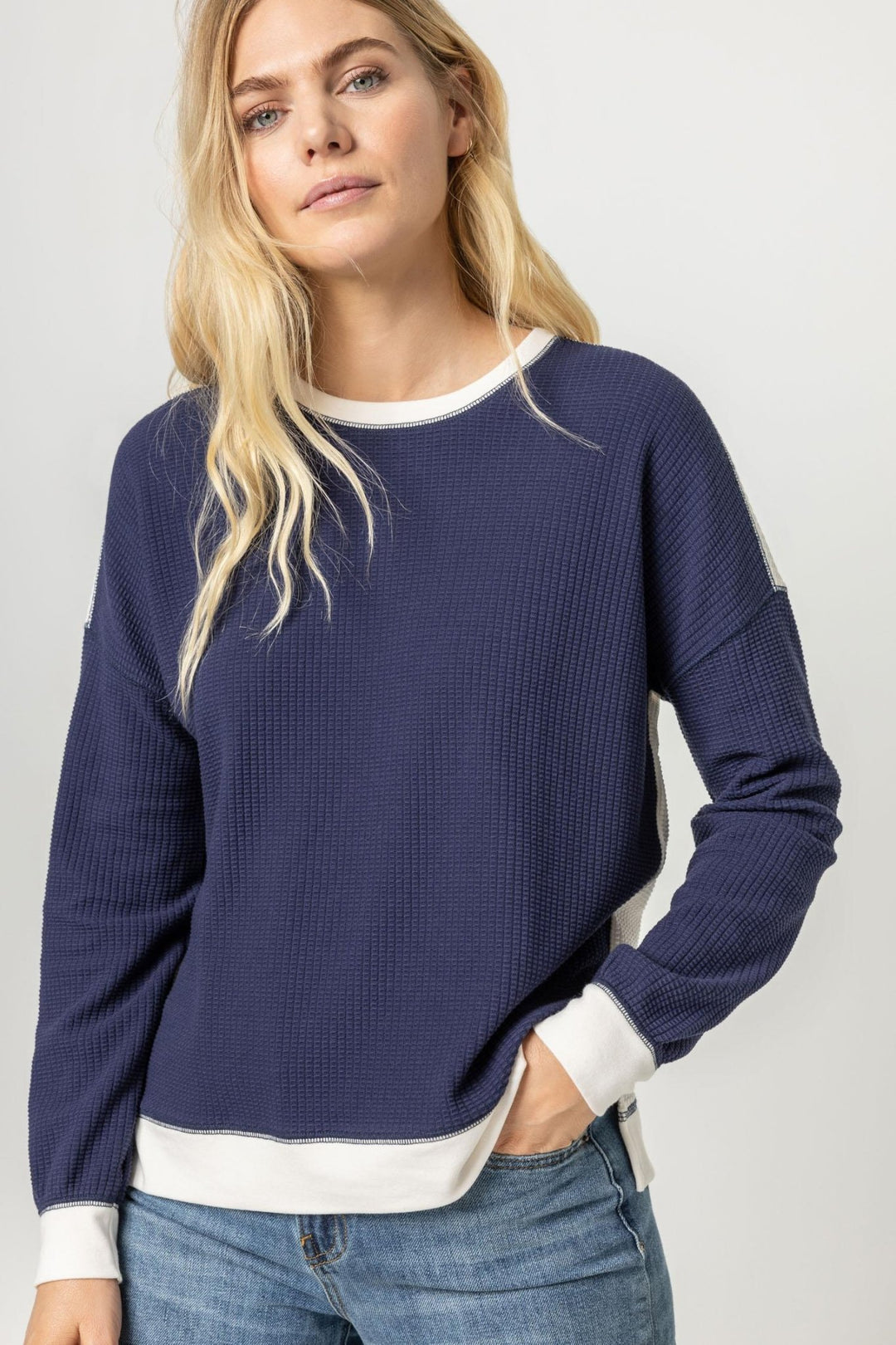 Lilla P - Two Tone Waffle Texture Sweatshirt: Navy/Ecru - Shorely Chic Boutique