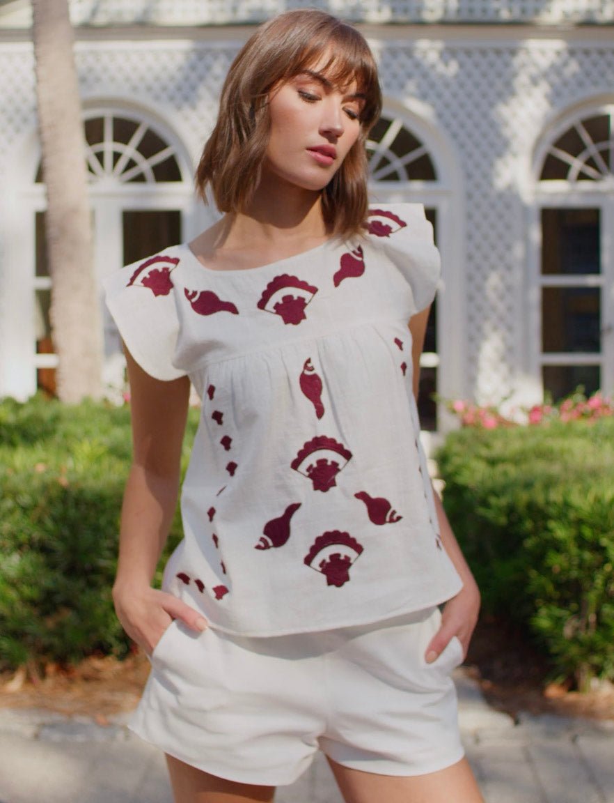 Never A Wallflower - Embroidered Seashell Top: White - Shorely Chic Boutique
