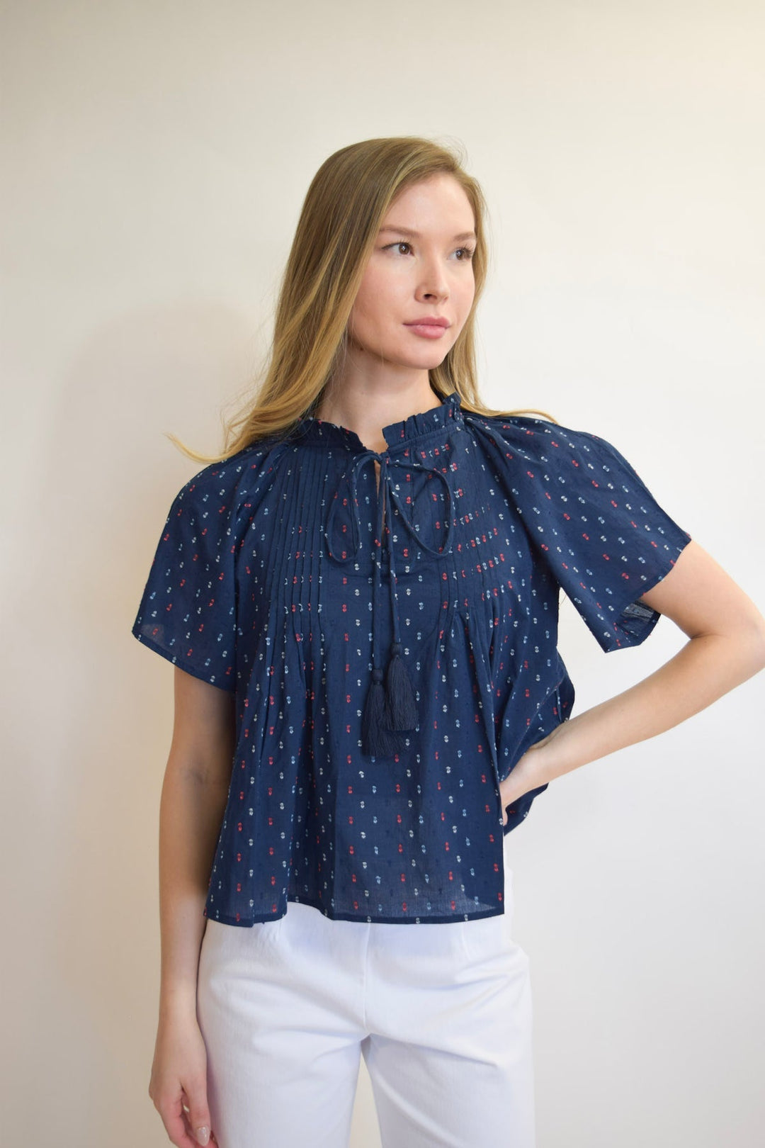 Never A Wallflower - Peasant S/S Swiss Dot Top: Navy - Shorely Chic Boutique