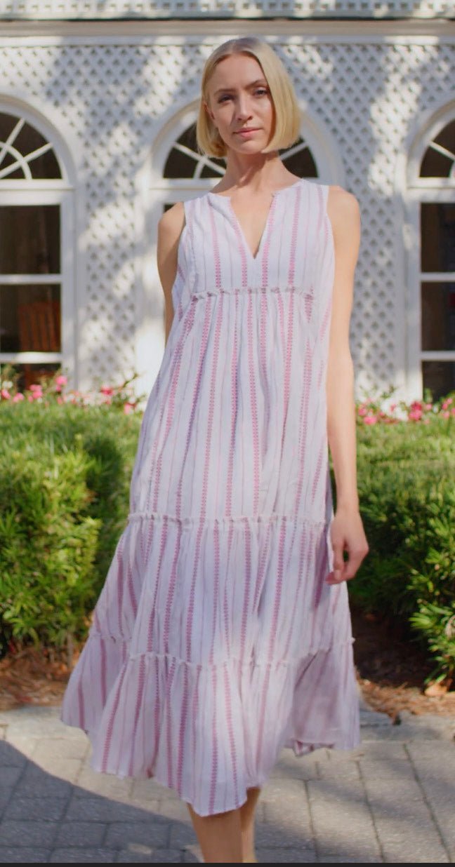 Never A Wallflower - Tiered Midi Metallic Stripe Dress: Magenta - Shorely Chic Boutique