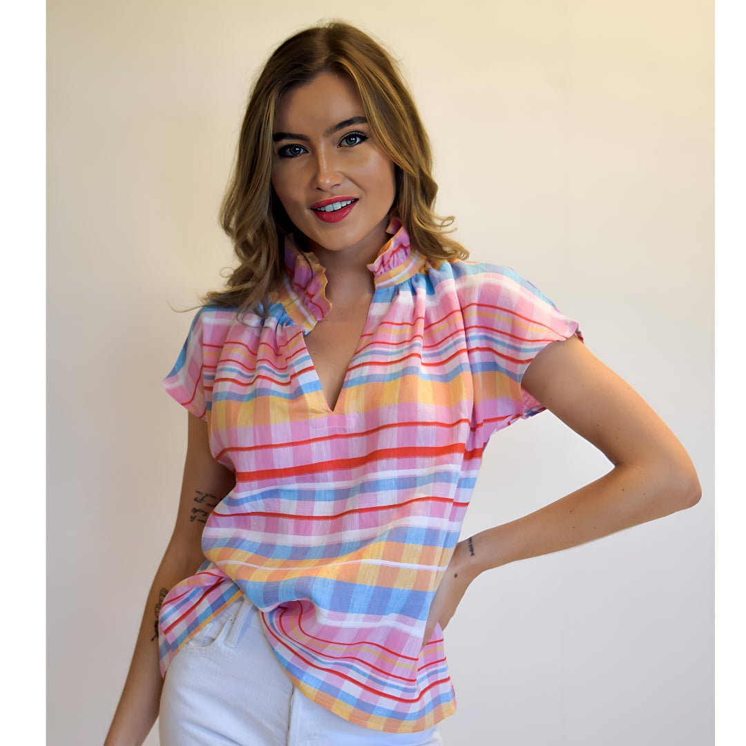 Never A Wallflower - Vicki Spanish Plaid S/S Top: Multi - Shorely Chic Boutique