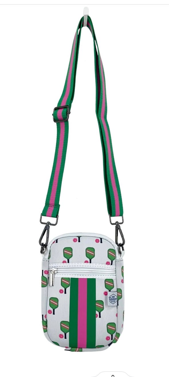 Queen of the Court - Crossbody Pickleball Phone Bag with Strap: Wht/Grn/Pnk - Shorely Chic Boutique