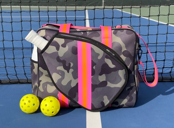 Queen of the Court - Olive Camo Pickleball Bag with Pink/Org Strp - Shorely Chic Boutique