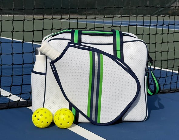Queen of the Court - White Pickleball Bag with Grn/Nvy/Slvr Strp - Shorely Chic Boutique