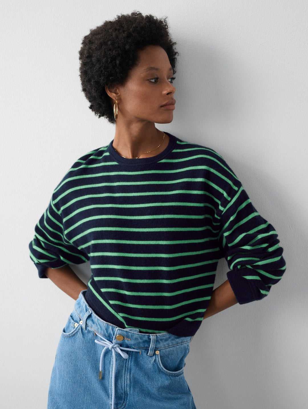 White & Warren - Cashmere Drop Shoulder Striped Sweater: Navy/Green - Shorely Chic Boutique