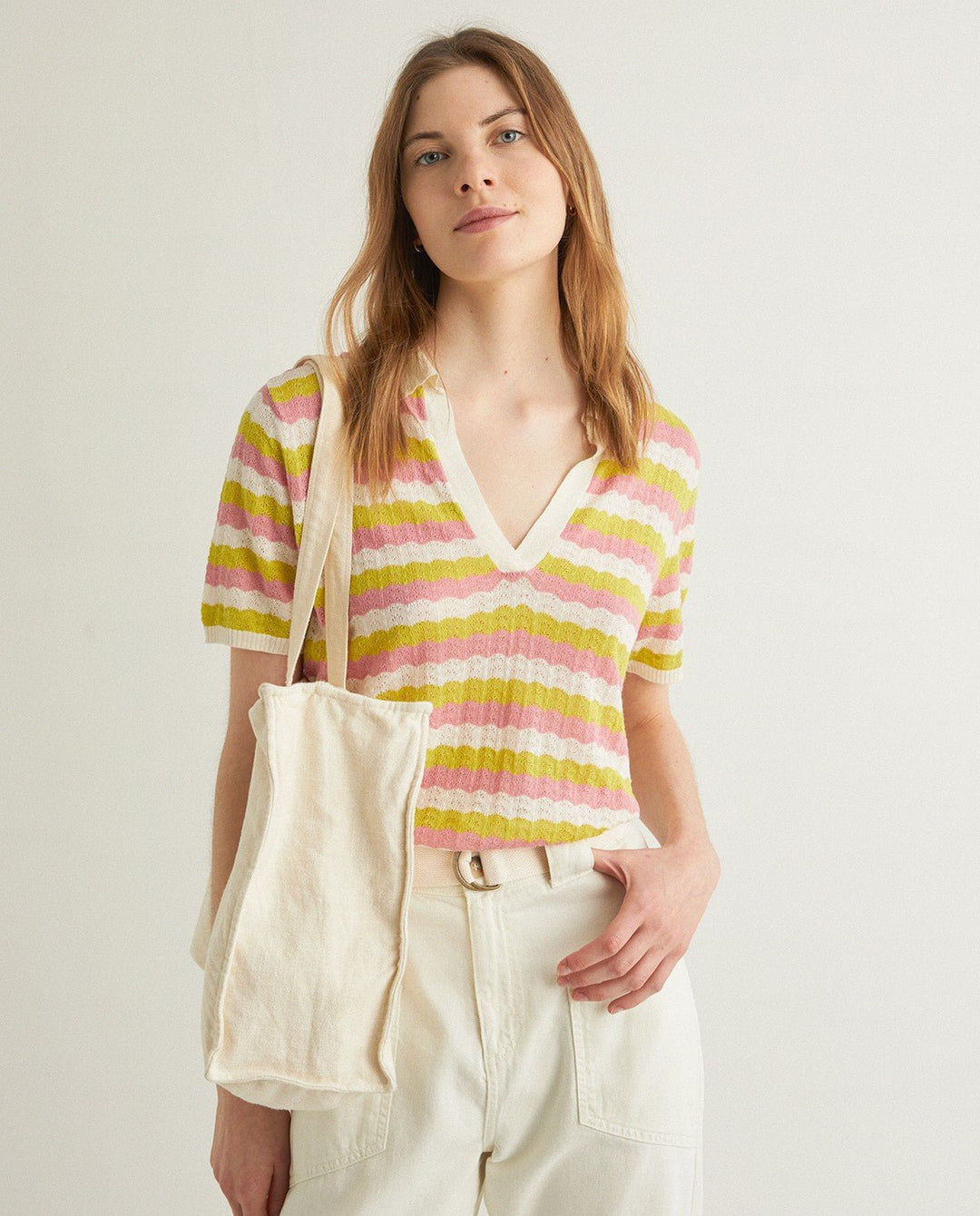 Yerse - S/S Knit Striped VNeck Polo: Multi - Shorely Chic Boutique